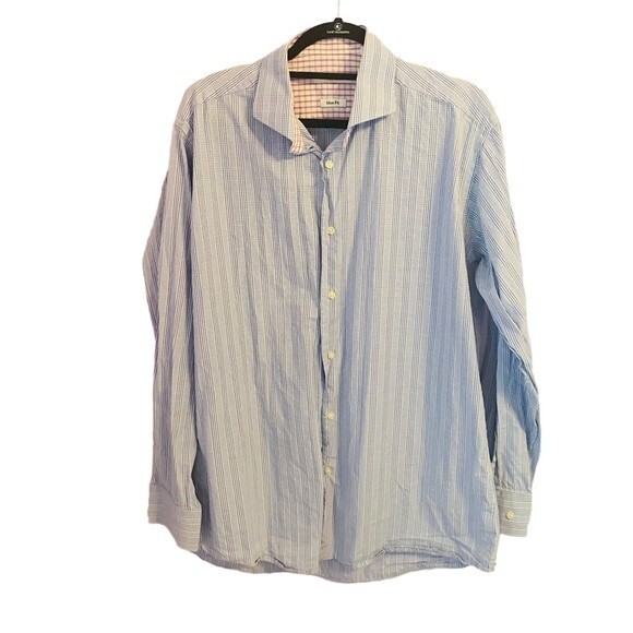 Isacc Mizrahi Mens M Blue Stripe Long Sleeve Button Down - Picture 1 of 6